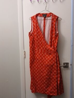 Anthropologie Bright Orange Sleeveless Wrap Midi Dress with White Ring Print